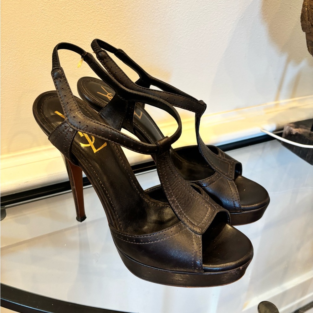 YSL Yves Saint Laurent  Platform Stiletto Heels Brown Leather Size 38 Open Toe